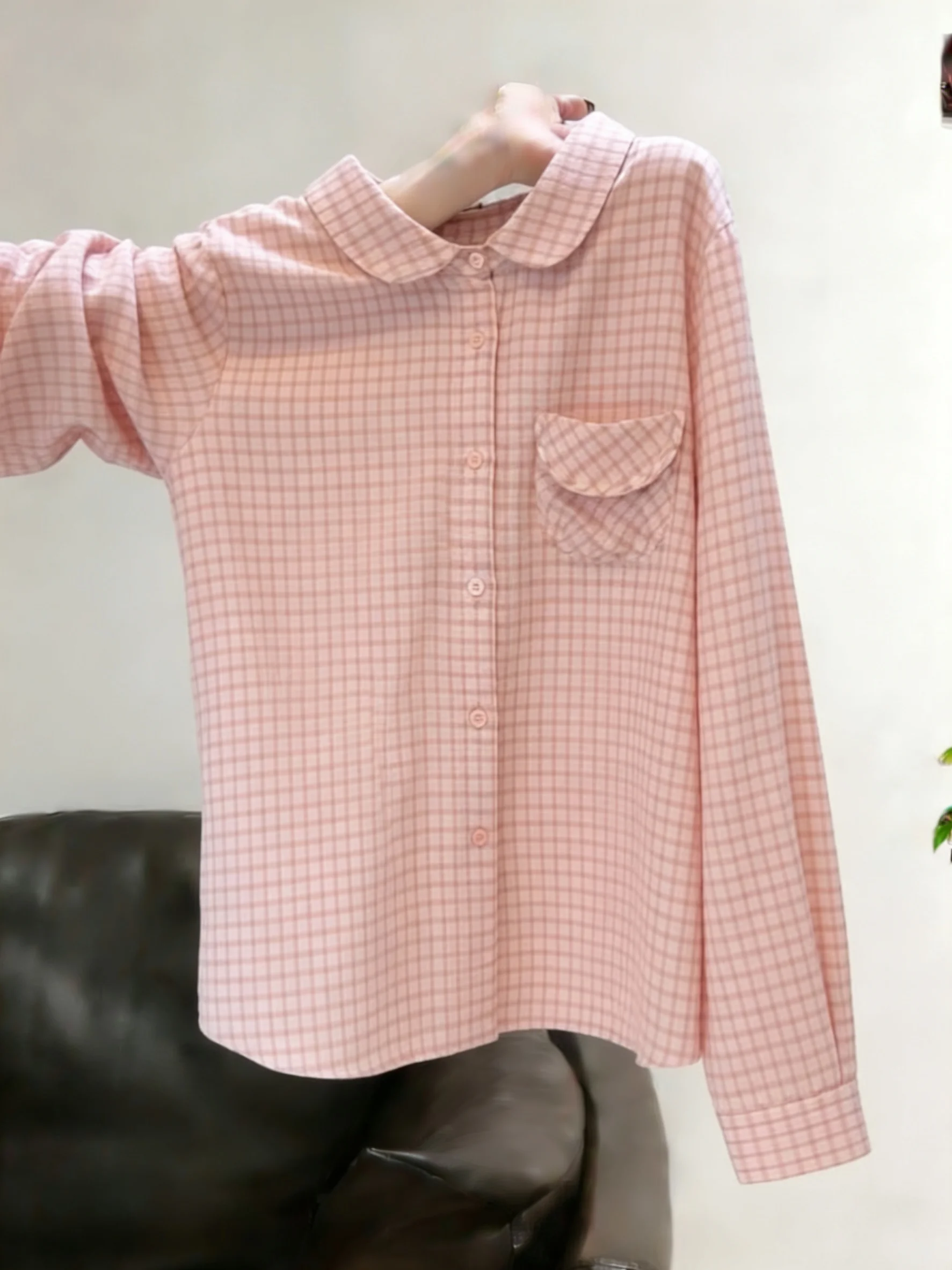 

Розовая клетчатая рубашка с воротником-стойкой и длинными рукавами, весенне-осенняя, милая, омолаживающая, универсальная, повседневная, свободного кроя