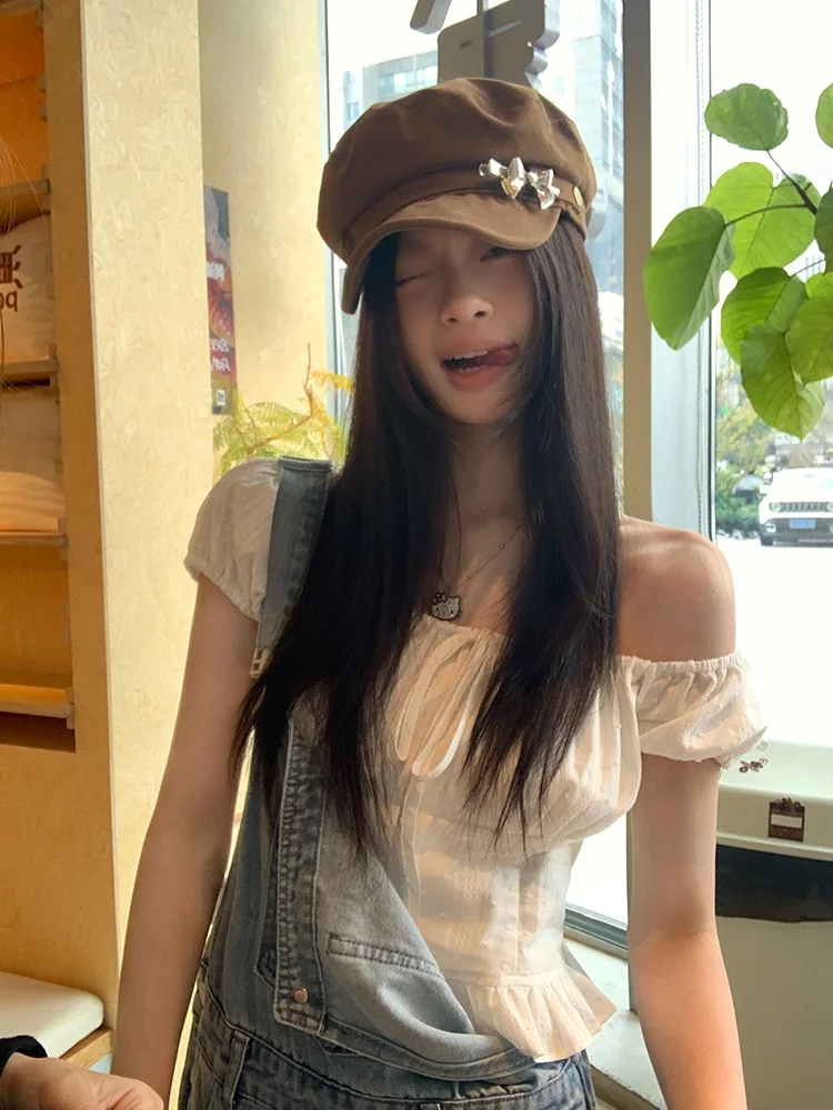 

Song Zhengen White Texture ort Sve Bubble Sve irt Women's Summer Ele Beautiful ort Top Square Collar Blouse