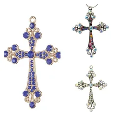 Kissitty 2Pcs/Set Latin Cross Alloy Rhinestone Big Pendants Antique Silver Color Charm For Necklace Jewelry Making Findings