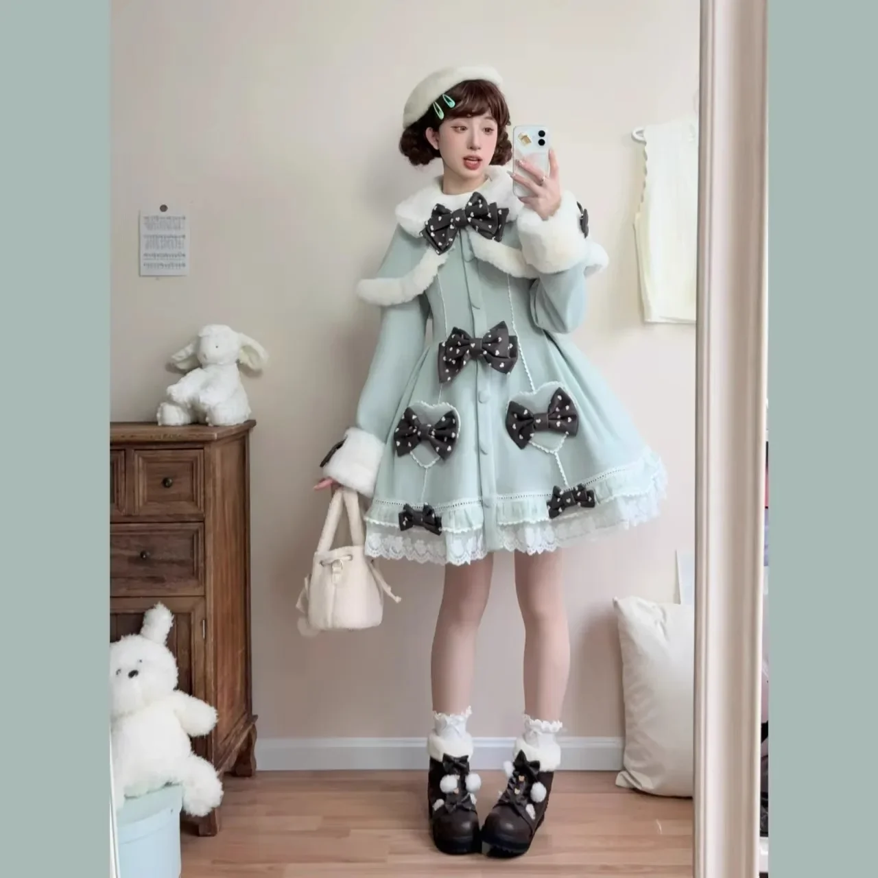 Japanese Style Sweet Cute Bow Plush Cape Collar Single-breasted A-line Slim Fit Thickened Warm Long Woolen Coats Women Winter