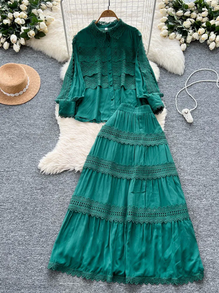 

Ele Женский комплект Long Sve с вырезом на крючках, летняя длинная юбка свободного покроя на талии, модный воротник на пуговицах