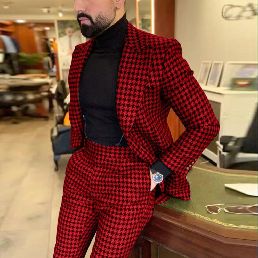 Man Red/Black Plaid Houndstooth Business Suits Slim Fit Single Breasted Jacket Pants 2 Pieces Groom Wedding Tuxedo Man Dress