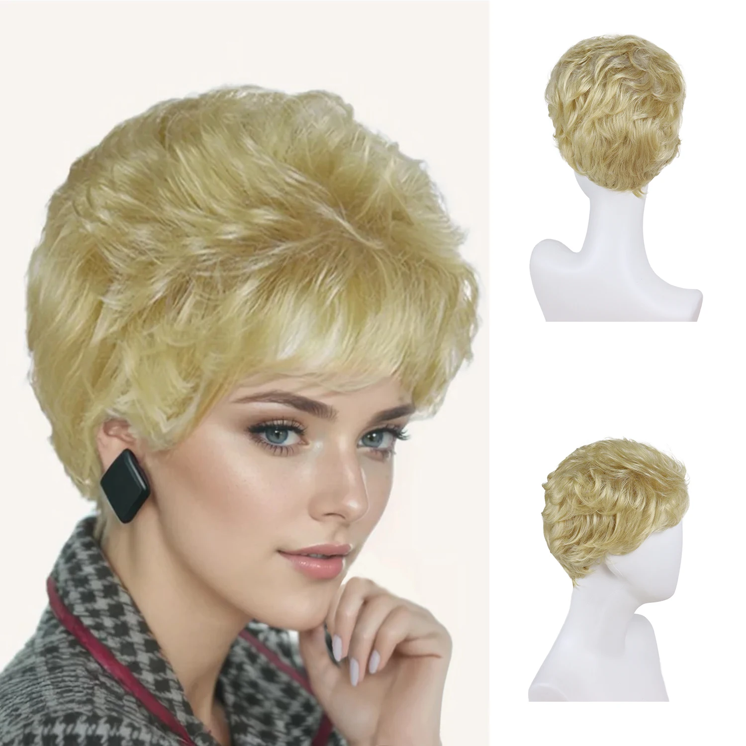 

Golden Blonde Wigs for Women Synthetic Hair Short Curly Wig with Bangs Girls Costume Party Halloween Costume Old Lady Wig Female