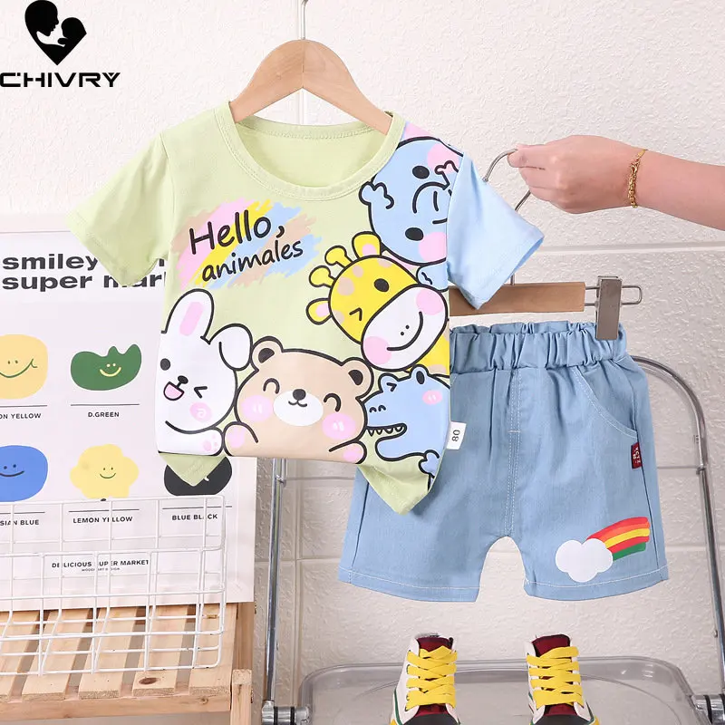 Neue 2023 Baby Boy Sommer Kurzarm Rundhals Nette Cartoon Tier T-shirt Tops mit Denim Shorts Jungen Mode Kleidung sets