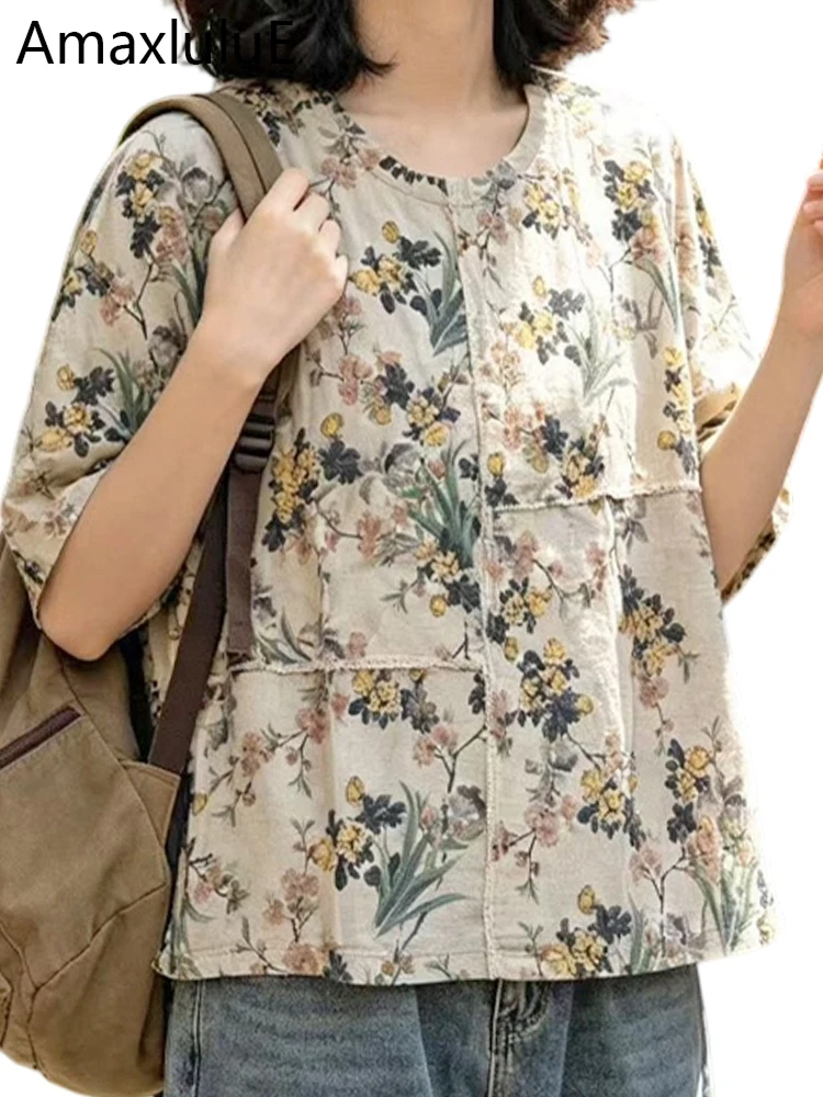 Amax LuluE 2026 British Design Vintage Tee Shirts Ladies Classic Fashion Floral Tops Womens Summer Leisure Loose Luxury Clothes
