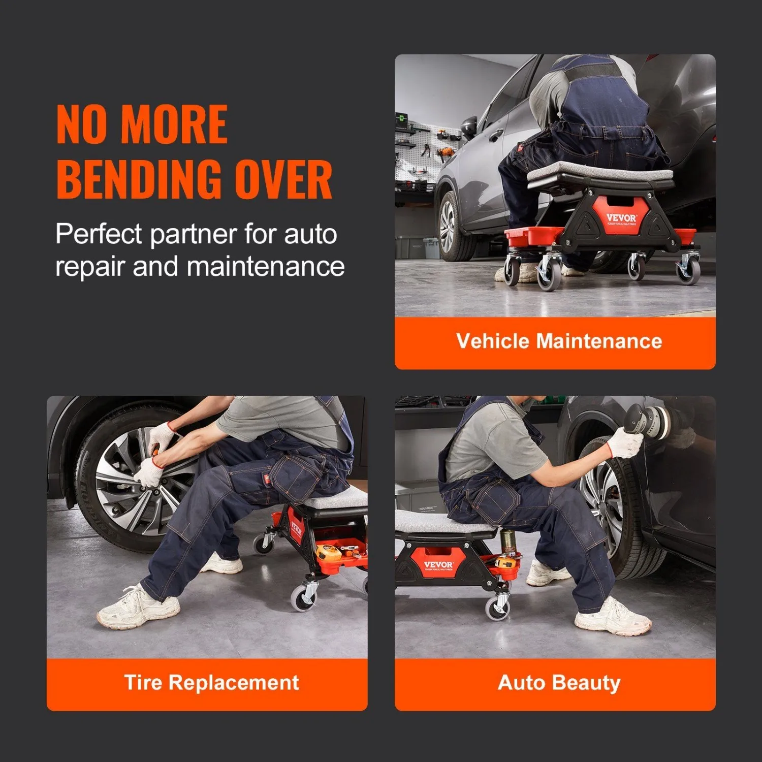 مقعد ميكانيكي متدحرج بسعة 300 رطل | عجلات 4 بوصة | 3 صواني وأدراج أداة منزلقة | شديدة التحمل للمرآب، DIY والسيارات #5