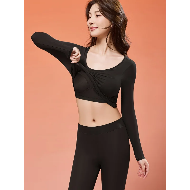 Women'S Autumn/Winter Warm Underwear Set - Built-in Bra, Lightweight Stretchy Base Layer with Comfortable