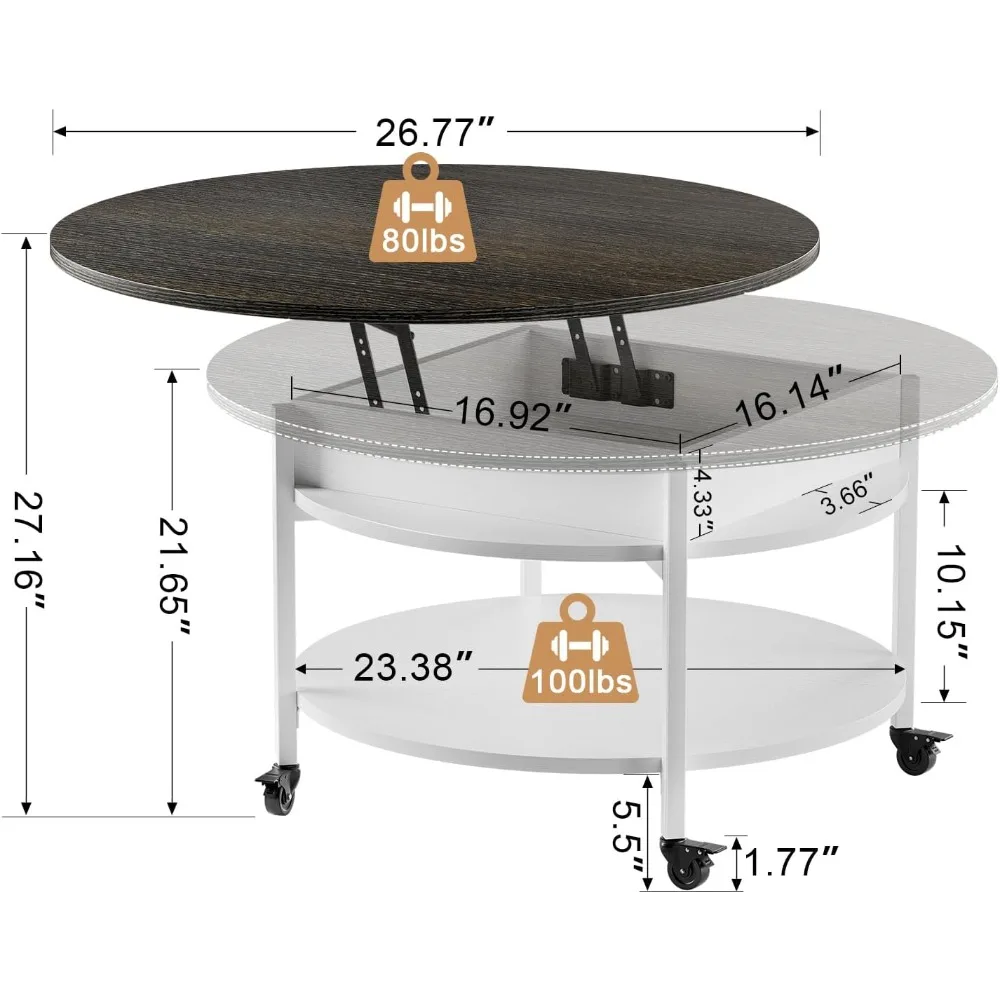 Round Lift Top Coffee Table with Wheels, Circle Center Table with Storage and Compartment, 26.77’’ Rolling Coffee Tables