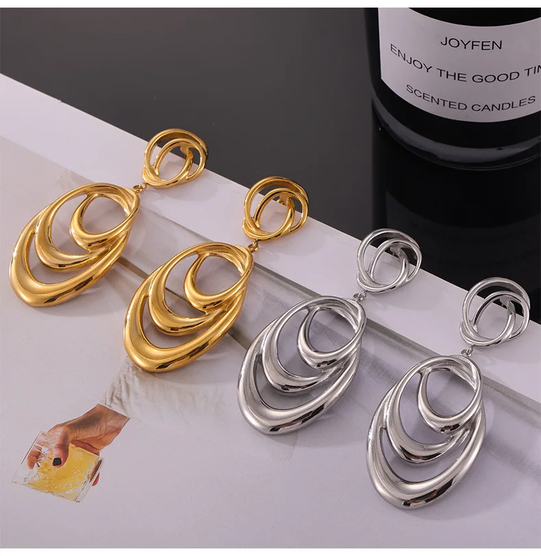 

Luxury Round Surround Statement Earrings Women's Modern Long Stainless Steel Gold-Plated Earrings Colorfast Jewelry Gift