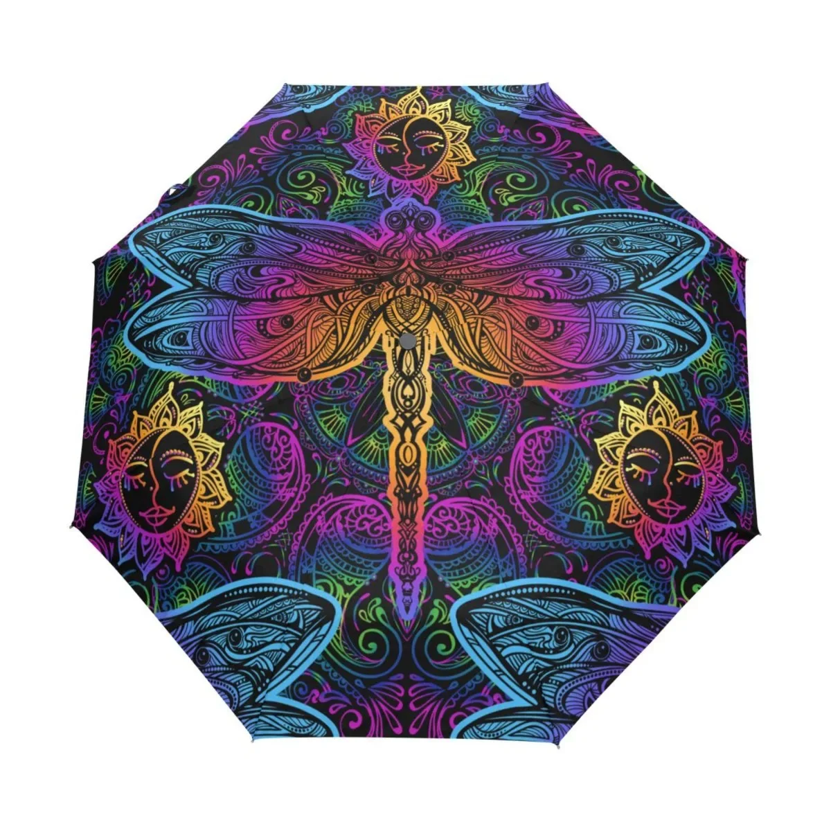 Psychedelic Dragonfly Folding Umbrella Trippy Boho Animal Compact Windproof Travel Umbrellas Rain for Adults Teens Kids Girls