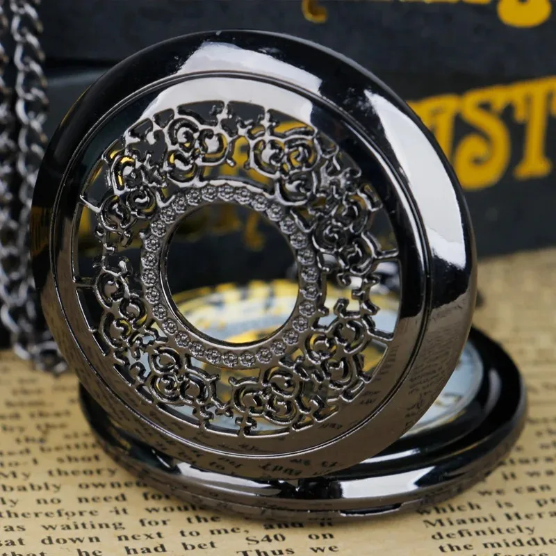 블랙 할로우 쿼츠 주머니 시계 레트로 디지털 펜던트 목걸이 체인 시계 쥬얼리 여성을위한 독특한 시계 선물 남성