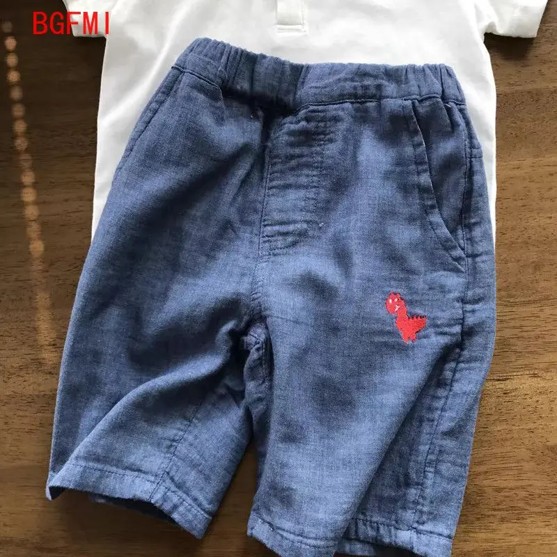 2026 New Boys' Embroidered Shorts Soft Breathable Comfortable Five Point Pants Loose Linen Cotton Summer Fashion Casual Pants
