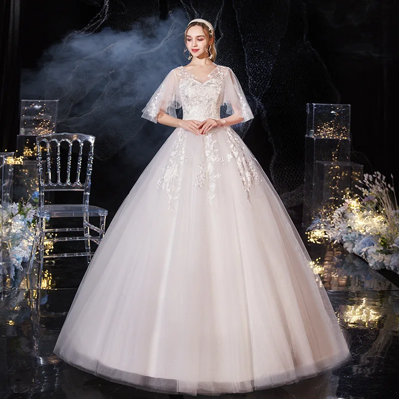 新しいセクシーな V ネックバットウィングスリーブ妊婦のウェディングドレス女性クラシックレースフラワープラスサイズレースアップボールガウン Vestido カスタマイズ