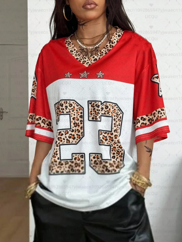 เสื้อยืดสปอร์ตคอวีลายเสือดาวสไตล์ Y2K สำหรับผู้หญิง รุ่น NO. เสื้อยืดตาข่ายแขนตกสไตล์ลำลองสำหรับฤดูร้อน 23 แบบ