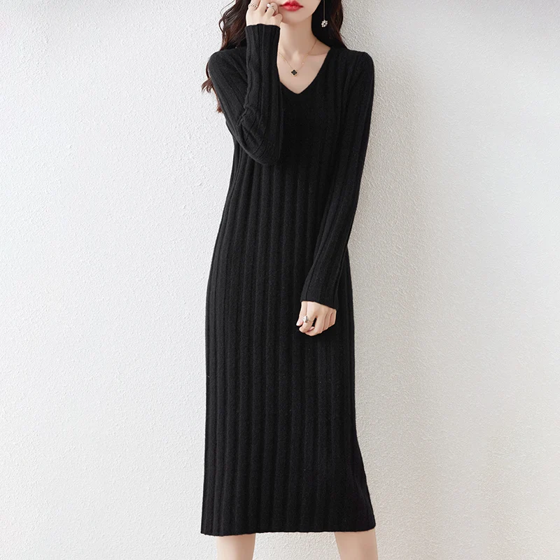 Hot Sale Women 100% Merino Wool Sweater Dress 2023 Autumn/Winter New Female Solid Warm Dresses Casual Basic Knitted Pullover