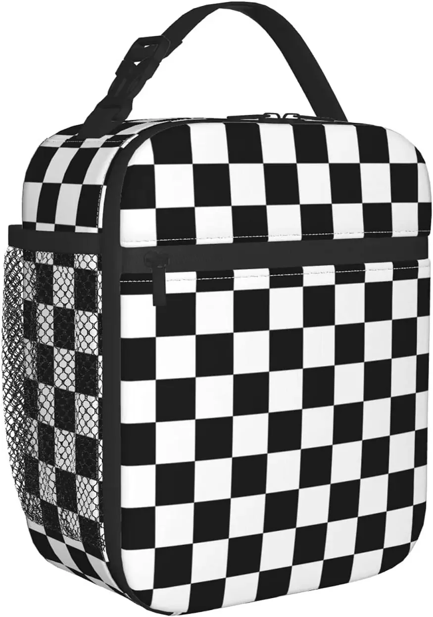 Black White Race Checkered Flag Insulated Lunch Box Bag Portable Lunch Tote For Women Men And Kids