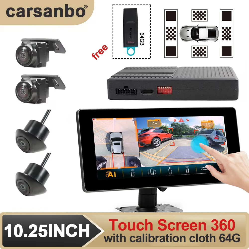 Digital HD AI 3D 360 Bird Eye View Car Camera System AHD 1080P ,With 10.25 in Touch Screen / Calibration cloth / 64G USB