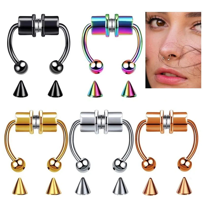1PC Magnetic Horseshoe Nose Rings 316L Stainless Steel Faux Septum Rings Fake Piercing Clip on Hoop Rings Gift for Women Girl view 2