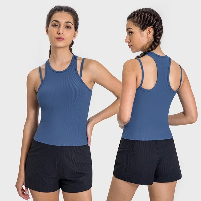 

Slim Fit Double-Strap Ribbed Tank Top Silky Soft Fluid Drape Naturally Breathable Yoga Running Shirt Waist Length Built in Bra