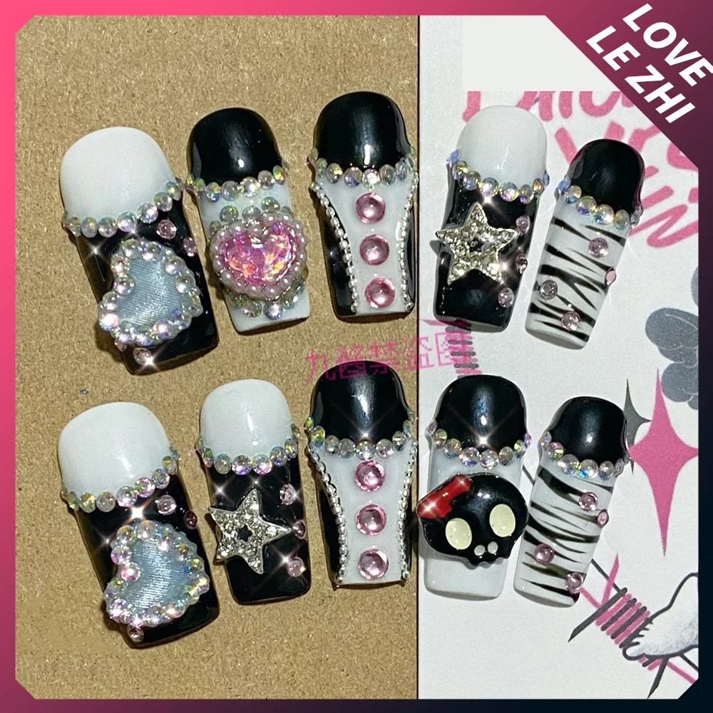 Spicy Girl Anime Reusable Y2K Handmade Press On Nails Cartoon Long Coffin Leopard Print Full Cover Nails Art Fake Nails