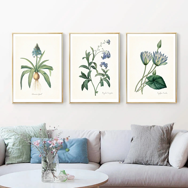 Vintage Botanical Blue Flowers Green Leaves Poster Canvas Painting Pastoral Wall Art Pictures Bedroom Home Decor