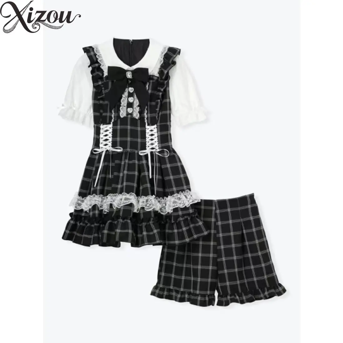 Lolita Suit Sweet Plaid Two Piece Set Lace Ruffle Puff Sleeve Dress Matching Shorts Outfit Women Spring Summer Dresses Set