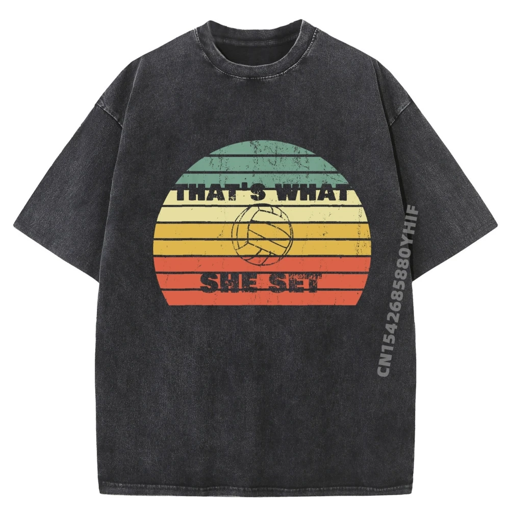 

Funny Volleyball Pun Thats What She Set Vintage Retro Sunset 3d Printed T Shirts Couples Summer Men's Washed Clothes