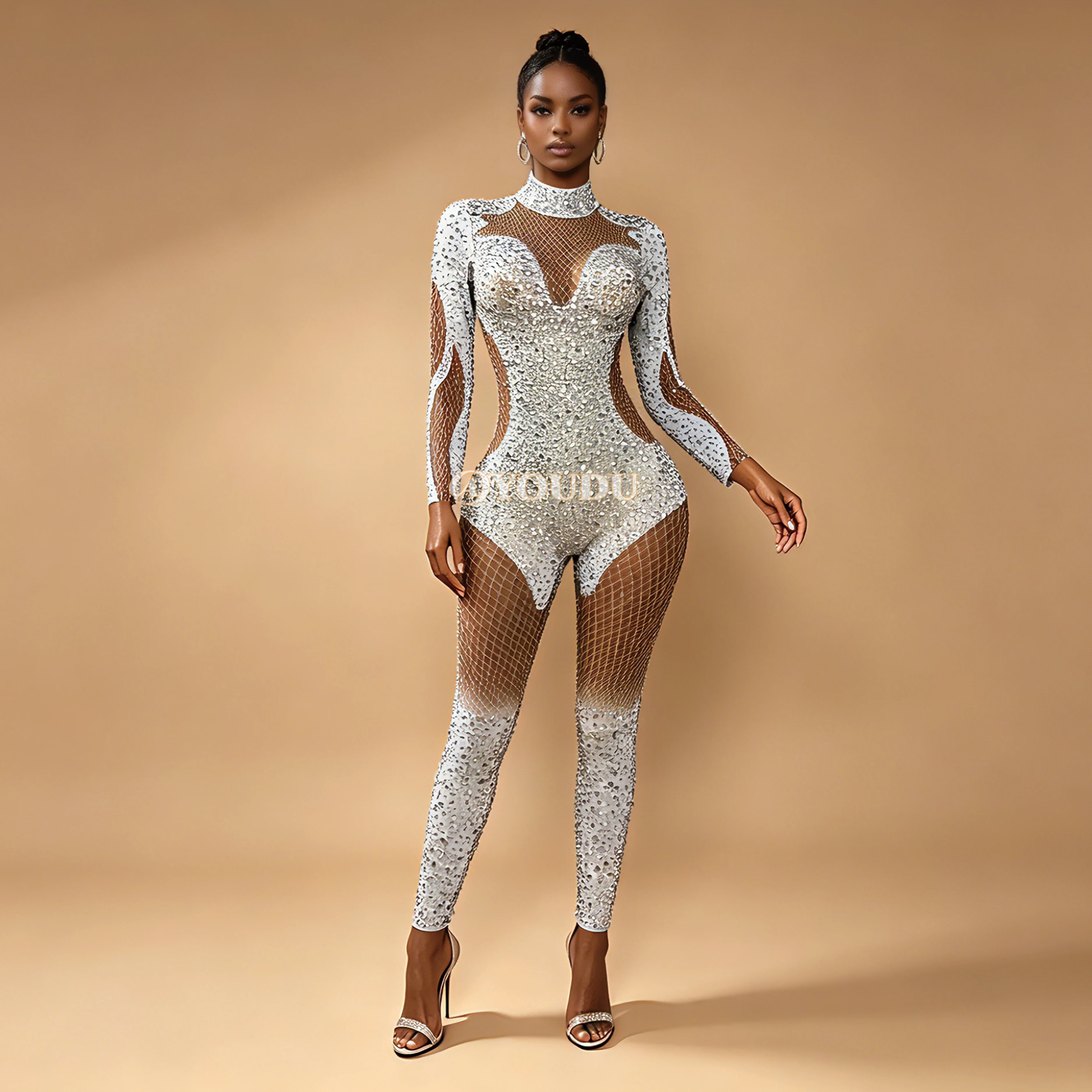 Luxurious Rhinestones Fashion Stage Outfit Sexy Mesh Bodysuit Women Party Fashion Show Wear Singer Dancer Performance Kaier