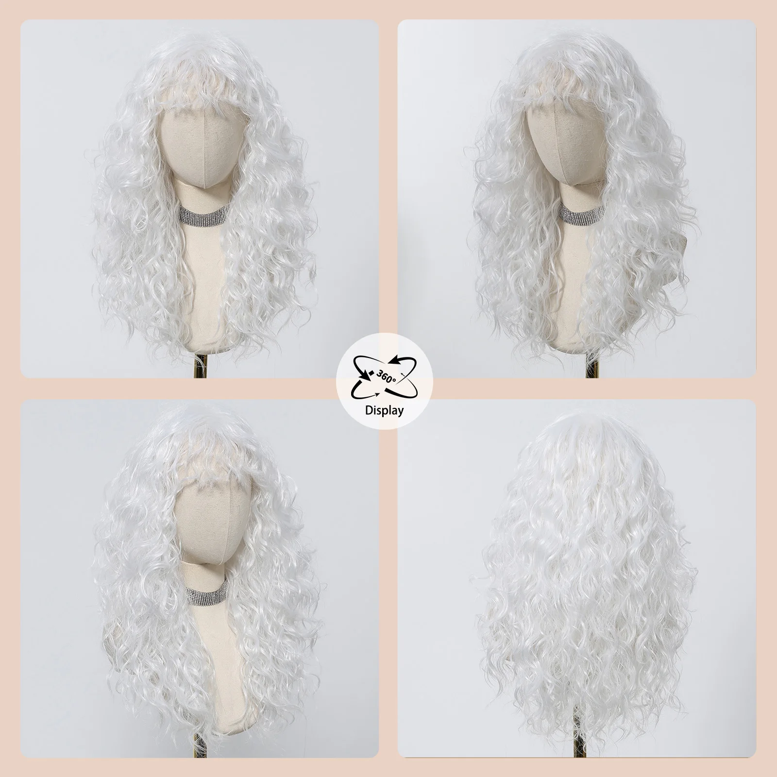 หิมะสีขาววิกผมสังเคราะห์ลอนกับ Curly Bangs หนาแน่นคลื่นลึกวิกผมสําหรับผู้หญิง Christmas Party Cosplay วิกผมทนความร้อน 20 นิ้ว
