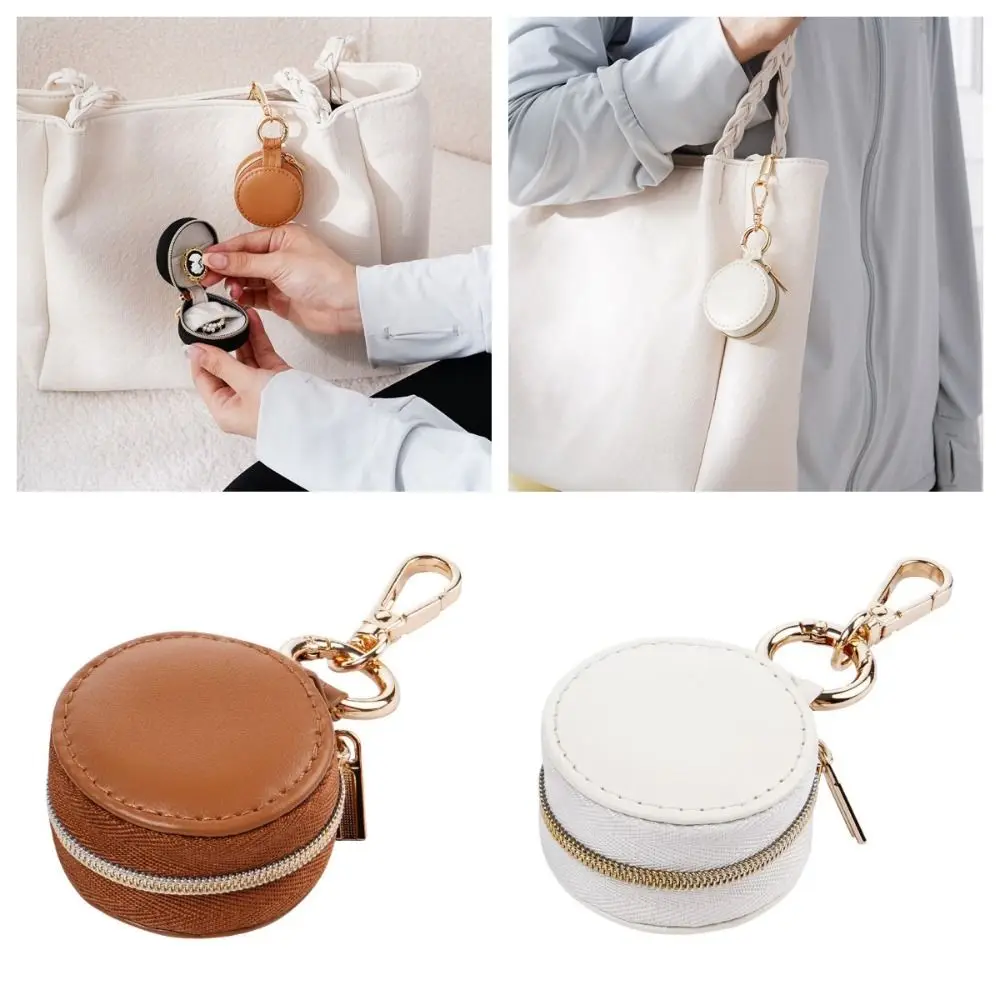 Creative Solid Colored PU Jewelry Case Round With keyring Jewelry Storage Box PU Leather Luxury Necklace Ring Case Travel