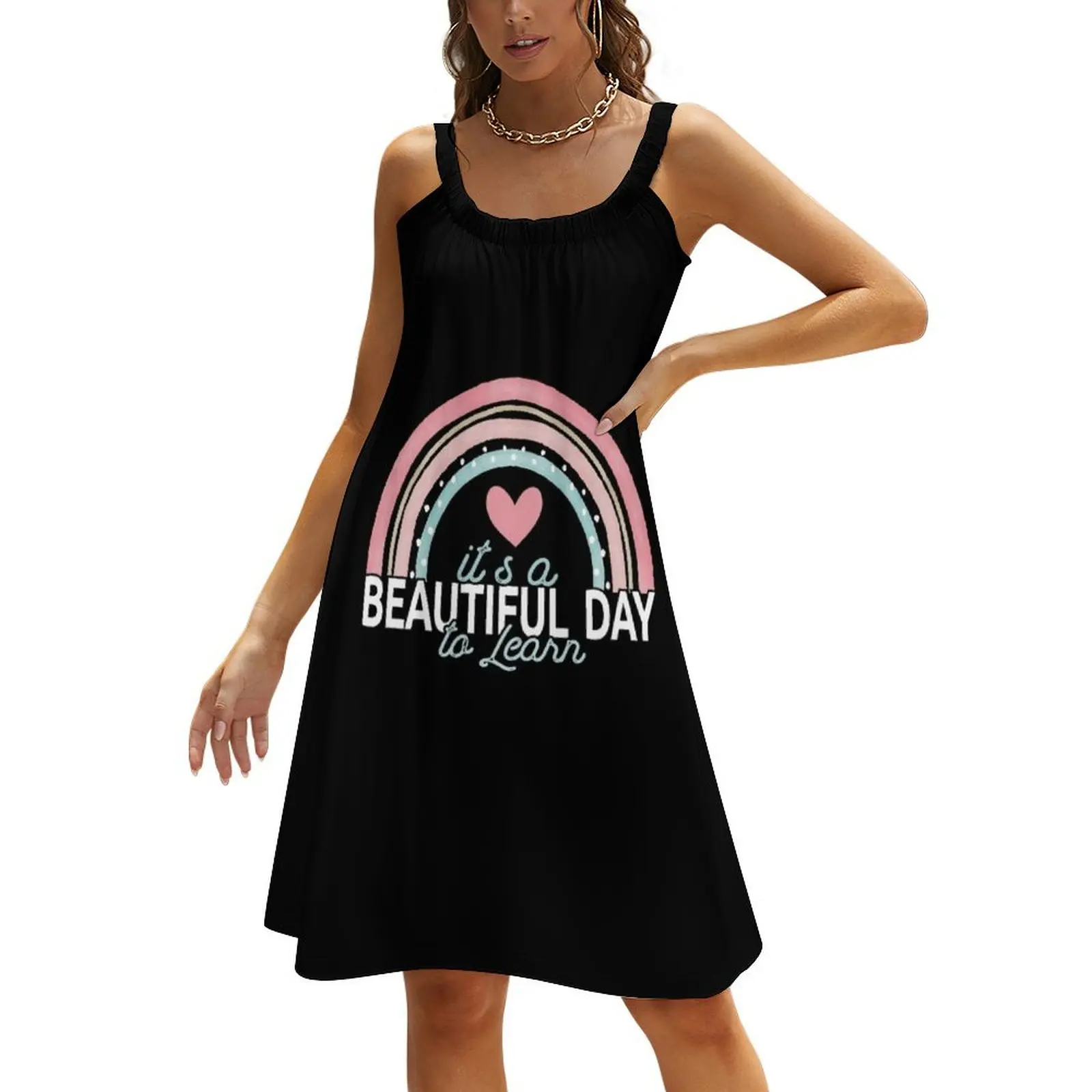 

It's A Beautiful Day To Learn, Cute Rainbow Heart Beach Sling Skirt Female dress clothing women summer 2024