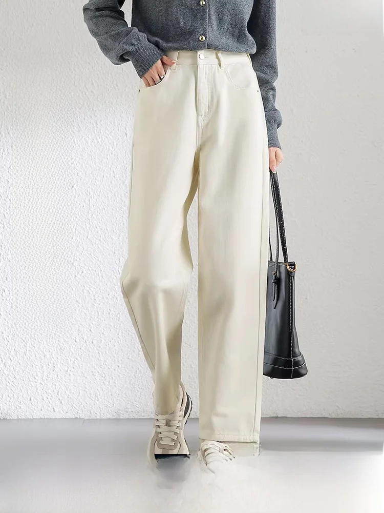 

00% хлопок, прямые джинсы с высокой талией и подкладкой, девять зубцов, женские зимние новые джинсовые брюки небольшого размера на одной пуговице