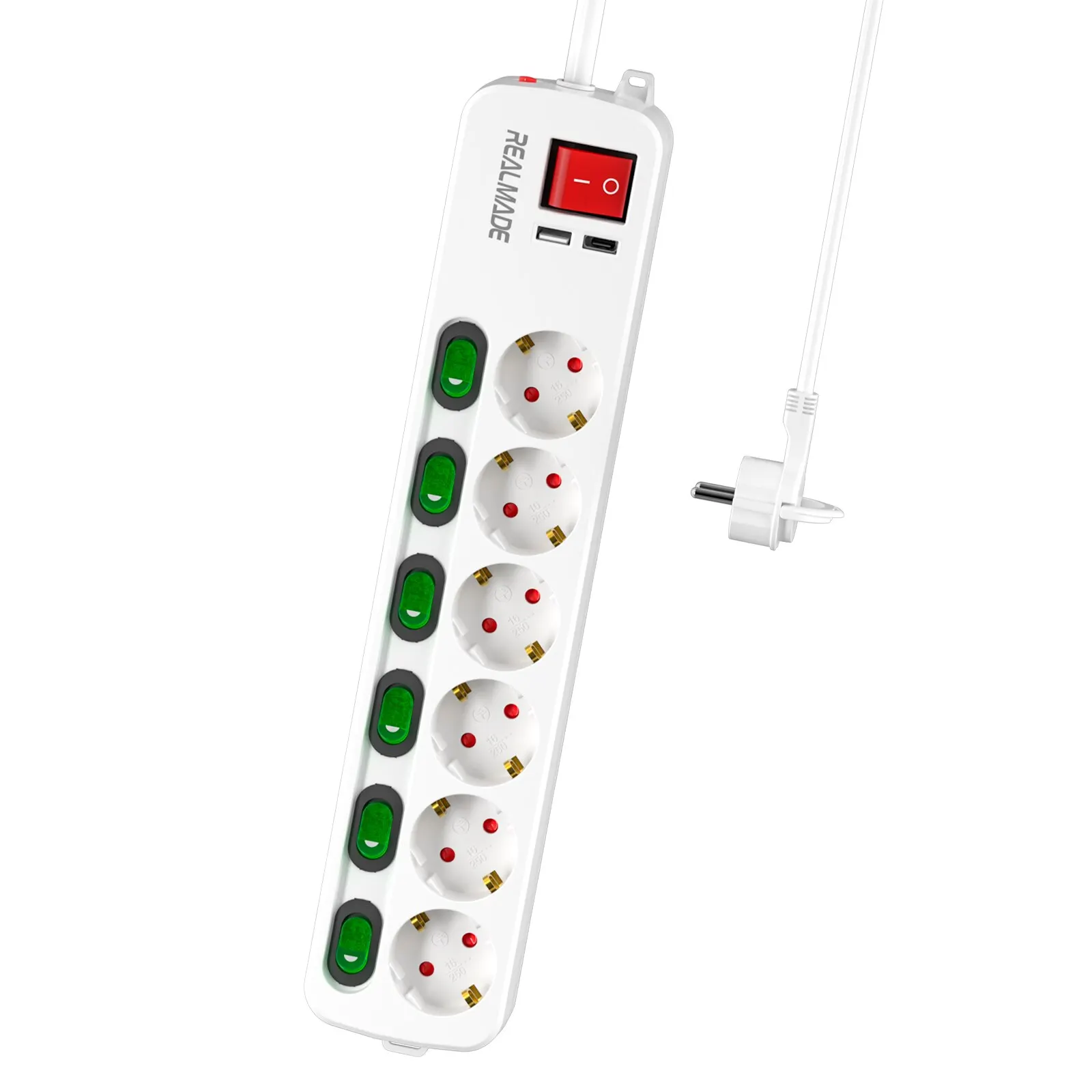 Power Strip com Interruptor Individual, Cabo de Extensão Elétrica com USB e Tipo C, Tomada Elétrica Montável na Parede, 2m Cabo, 6 Vias