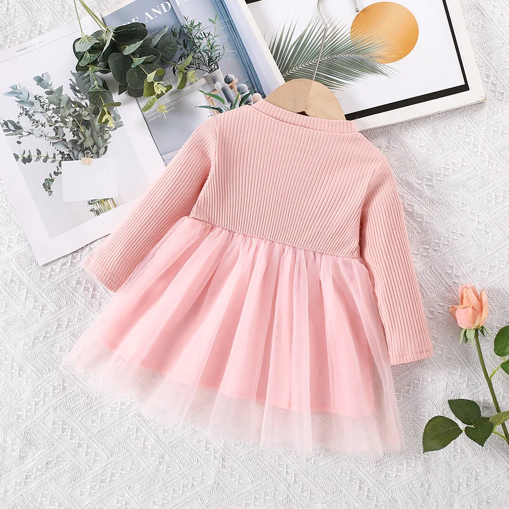 Spring and Autumn Baby Girl Dress Solid Color Long Sleeve Top Spliced Mesh Waist Embroidered Flower Princess Dress