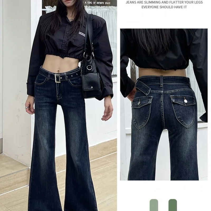 

Retro-Inspired Distressed Wash Blue-Grey Flared Jeans for Petite Women High-Waisted Slim-Fit Slimming Trousers with Trendy Belt