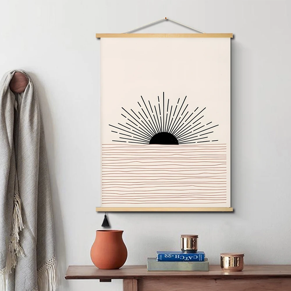 Boho Decor Sunburst Printable Wood Hanging Scroll Painting Abstract Sun Mid Century Palm Tree Poster Geometric Sunrise Horizon
