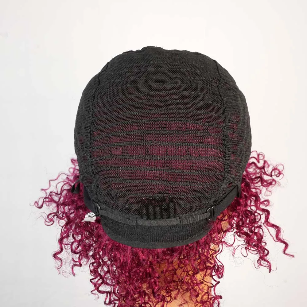 Borgonha curto pixie afro kinky encaracolado peruca com franja remy cabelo humano máquina feita perucas jerry encaracolado peruca para preto