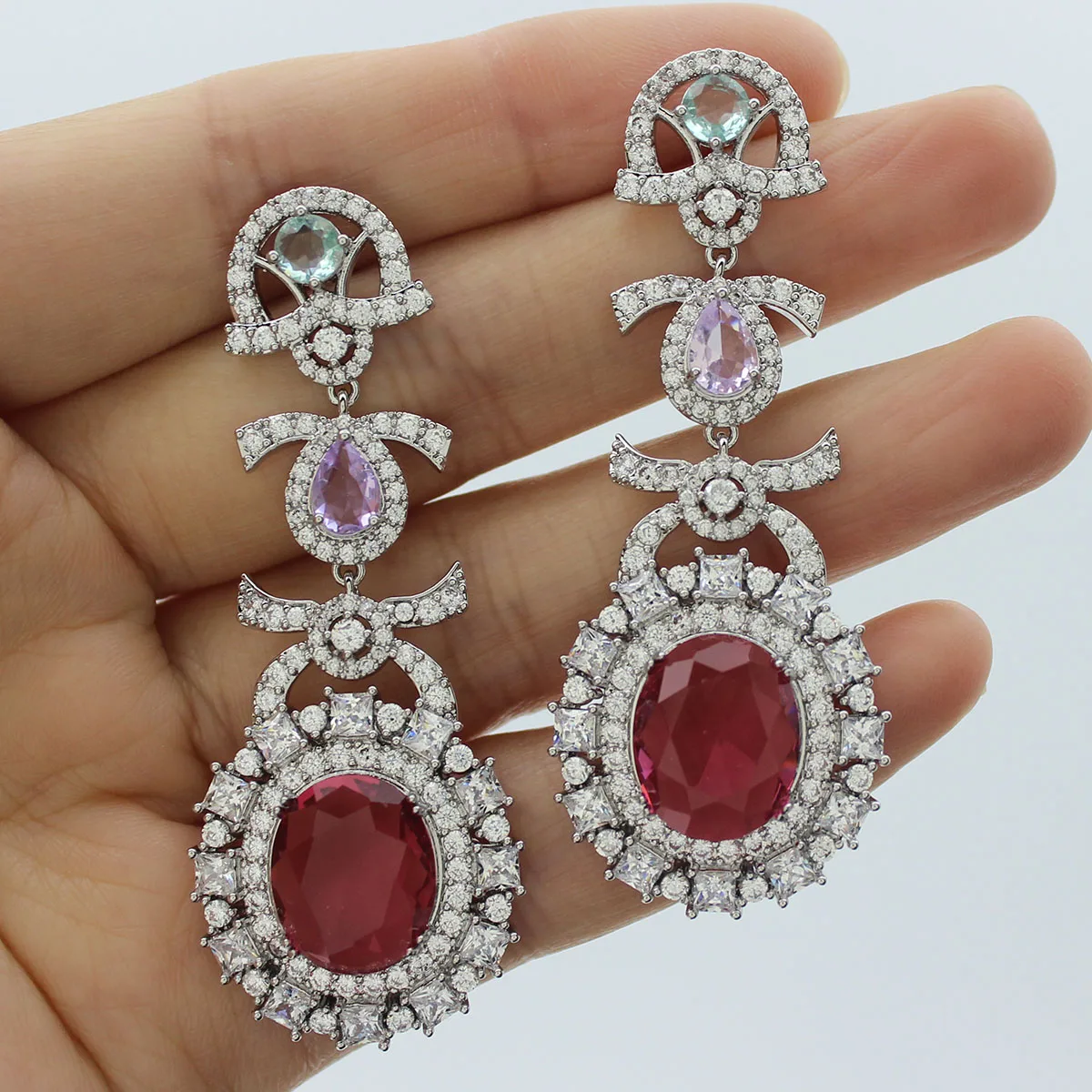 

vintage luxury zircon Earrings long large Jewelry Wedding bride Round Drop Earrings silver gold color red pink zircon