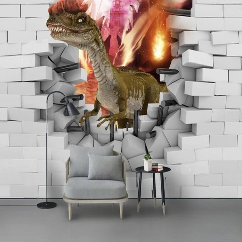 

3D brick wall broken wall Jurassic dinosaur TV luxurious home decoration background wall