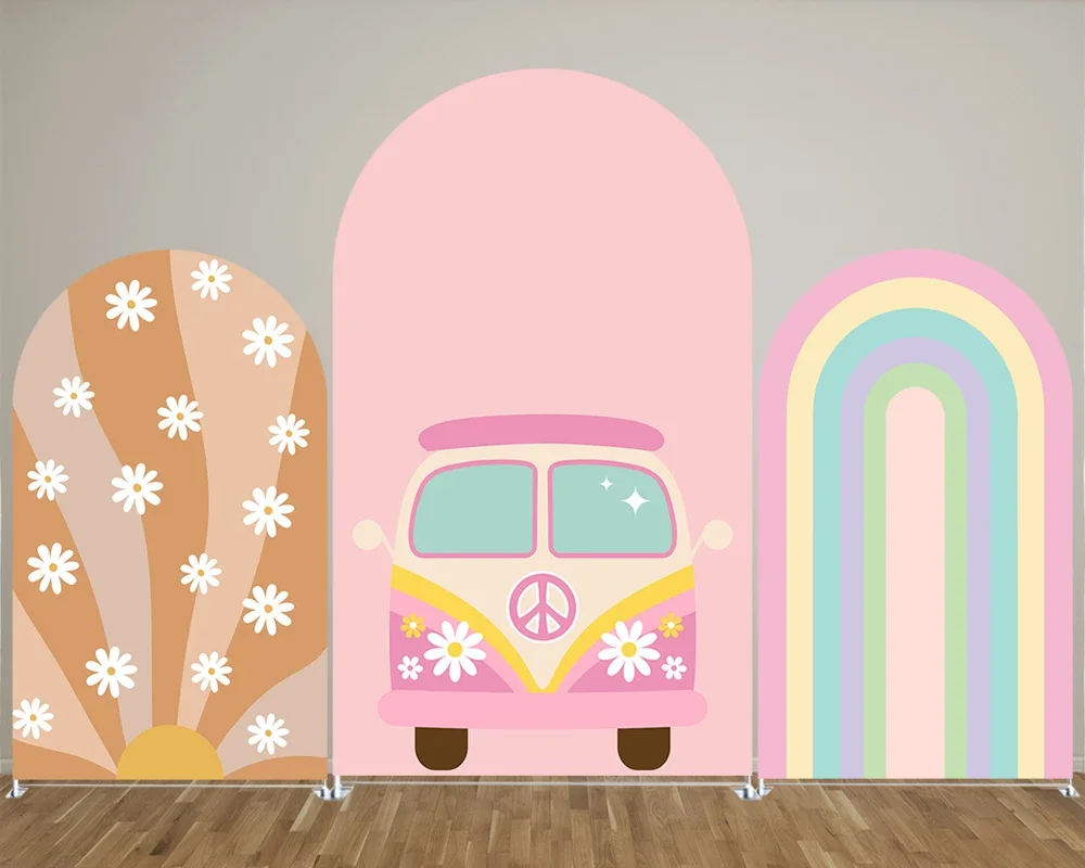 

Pink Bus Rainbow Print Theme Arch Backdrop Covers for Birthday Parties, Baby Shower Party and Wedding Decoration Props