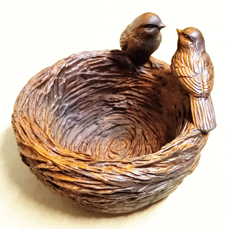 BY209 - 7.8 x 7.8 x 6 CM Carved Boxwood Carving Figurine - Birds Couple in Nest