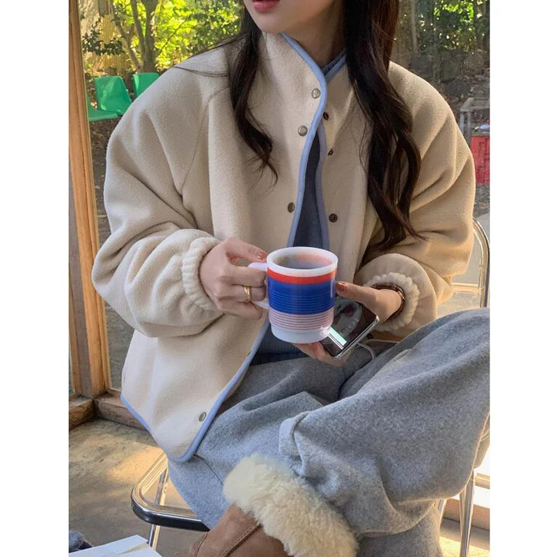 

Korean Sle Casual Fce Single Button Coat ort Outerwear for Women Polyester Fiber Pure Color Winter Jaet