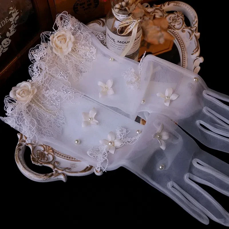 أنيقة الترتر الدانتيل زهرة المرأة الزفاف قفازات طويلة فساتين الزفاف الإناث كامل فنجر قفازات شبكية اكسسوارات اليد