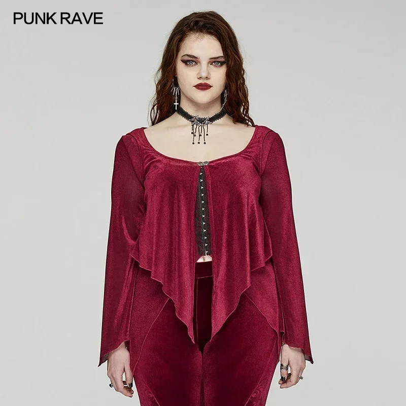 

PUNK RAVE Women's Gothic Fake Two-pieced Elastic Flocked Mesh Long Sleeve Shirt Gorgeous Lace Exquisite Carved Clasps Red Tops