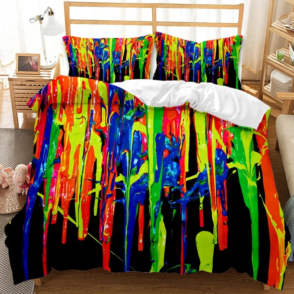 Abstract Duvet Cover set, Grunge style, Dirty Look With Colorful Watercolor stains, Liquid splashes, Polyester Bedding set, Quee