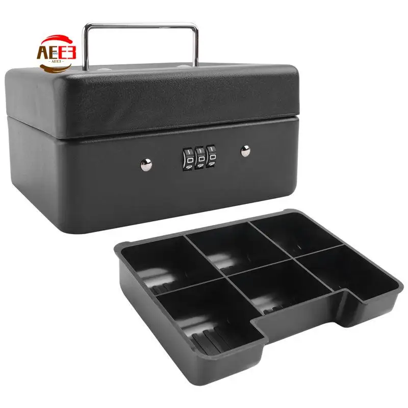 AEE3-Durable Metal Coin Box With Locking Storage Tray - Small Coin Box With Combination Lock 15 X 12 X 7.7Cm