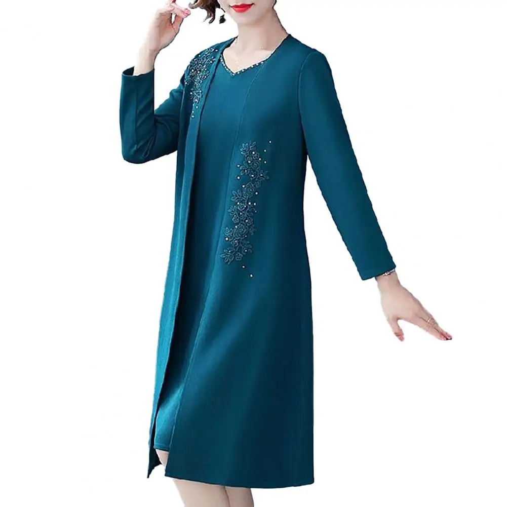 Women Dress Suit Solid Color Long Coat Dress Set Elegant Women\'s Coat Dress Set with Flower Embroidered Mid Length Coat V Neck