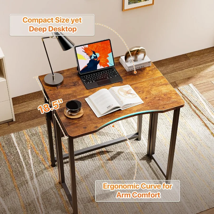 Bureau pliant avec étagère de rangement, Table d'ordinateur pliable de 23.6 pouces pour petits espaces, Table de canapé peu encombrante pour canapé d'écriture Wo