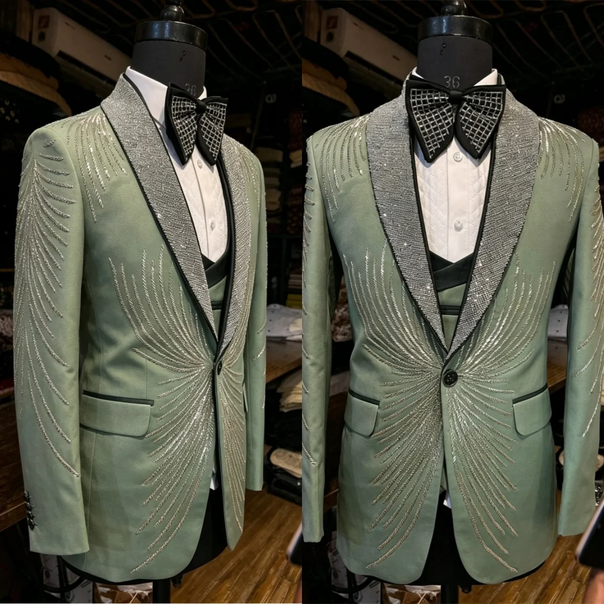 Luxurious Beaded Men's Suits One Button Shawl Lapel Male Prom Blazers Loose Fit 2 Pieces Customized Groom Wear