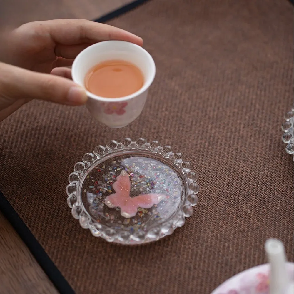 Handmade Ice Through Point Drill Butterfly Sprinkle Stone Glass Crystal Coaster Kung Fu Tea Set Accessories Heat Insulation Pad